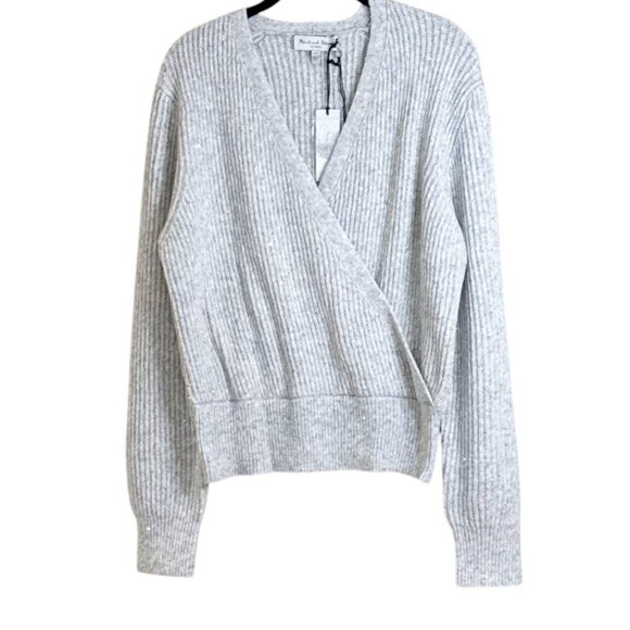 Michael Stars Heather Grey Ribbed Sequin Wrap Laurel Surplice Sweater Sz LP - Picture 2 of 8